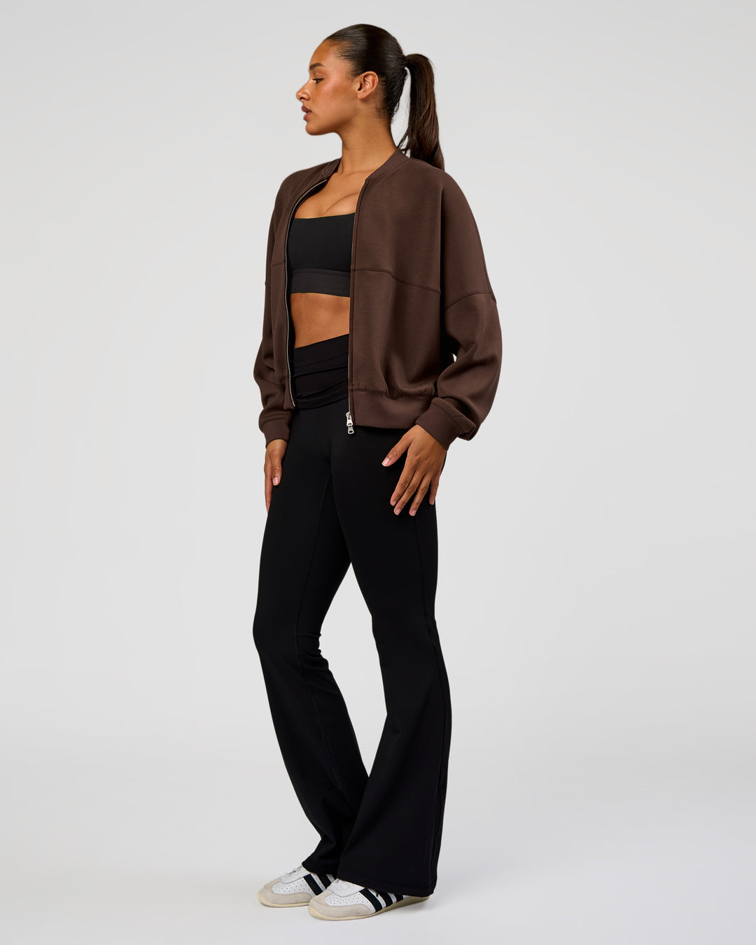 Woman wearing CF Elevate SoftTouch Bomber - Hot Chocolate | Model:Rosie | Size:S - view 11