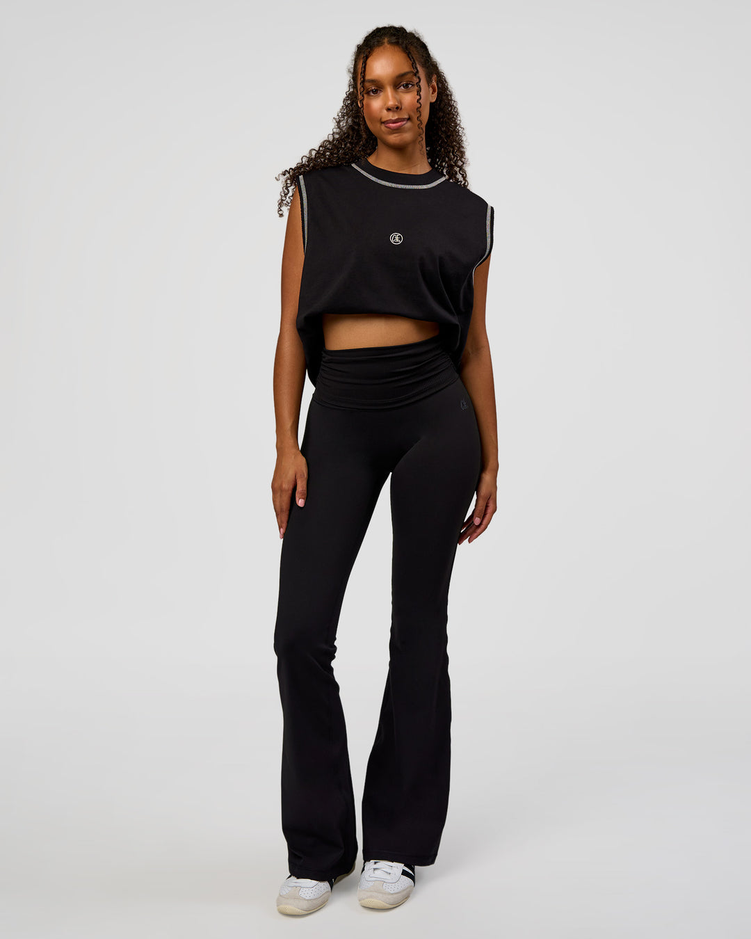 Woman wearing CF Fold Over High-Rise Flared Legging - Black | Model:Jordan | Size:S - view 10