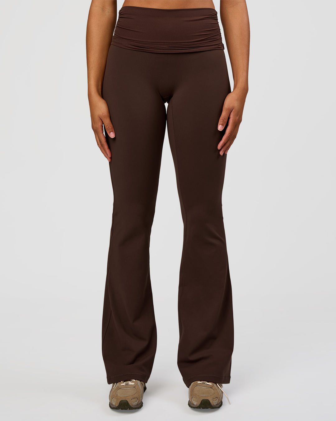 Woman wearing CF Fold Over High-Rise Flared Legging Tall - Hot Chocolate | Model:Rosie | Size:S - view 3
