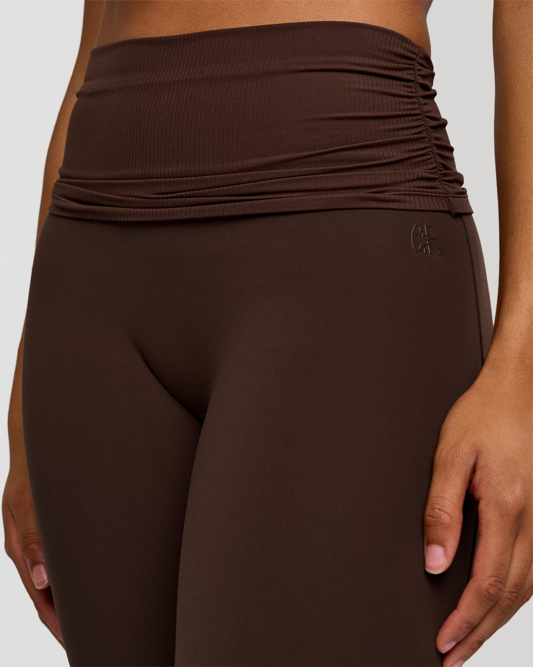 Woman wearing CF Fold Over High-Rise Flared Legging Tall - Hot Chocolate | Model:Rosie | Size:S - view 4
