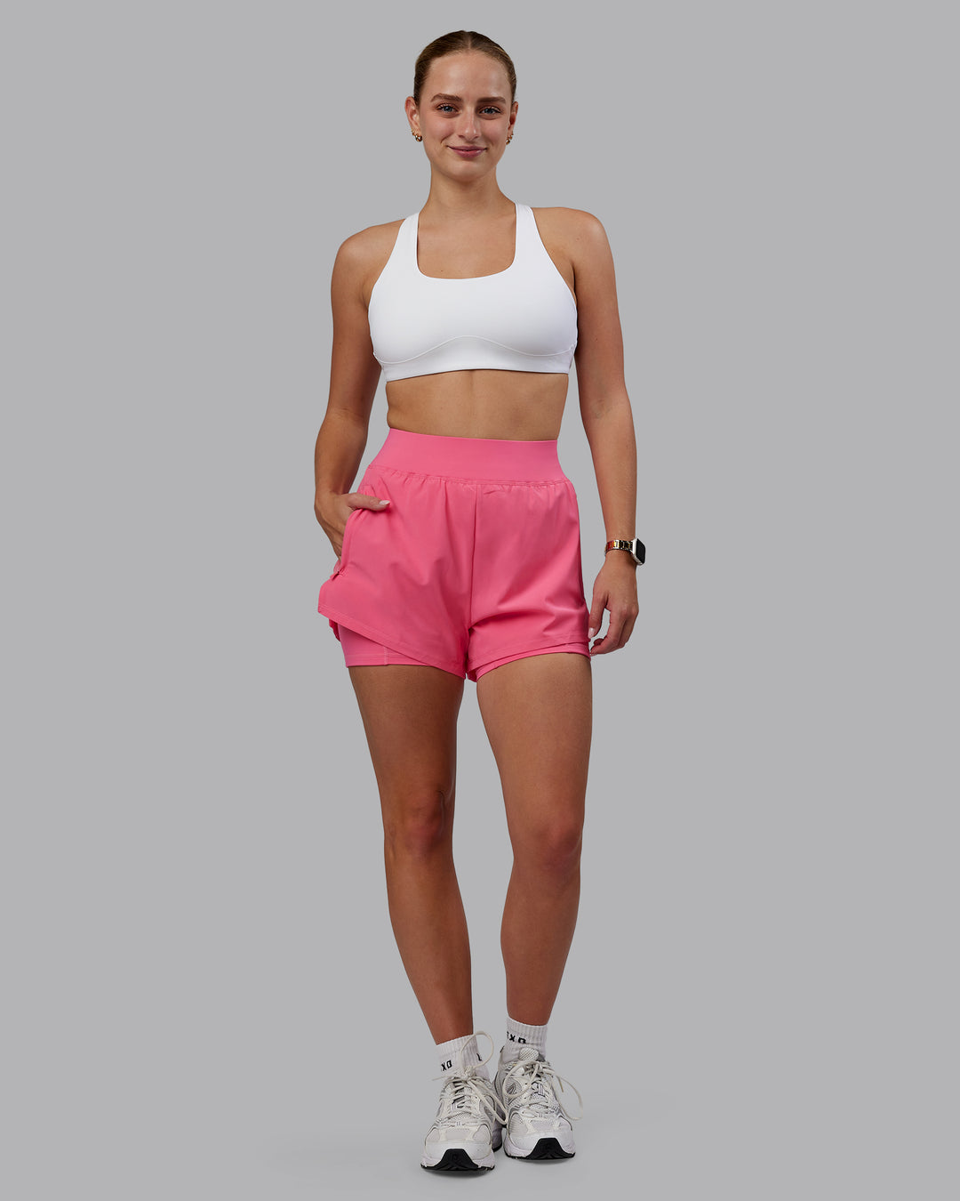 Woman wearing Challenger 3" Lined Performance Shorts in Pink Lemonade | Size:S - view 7