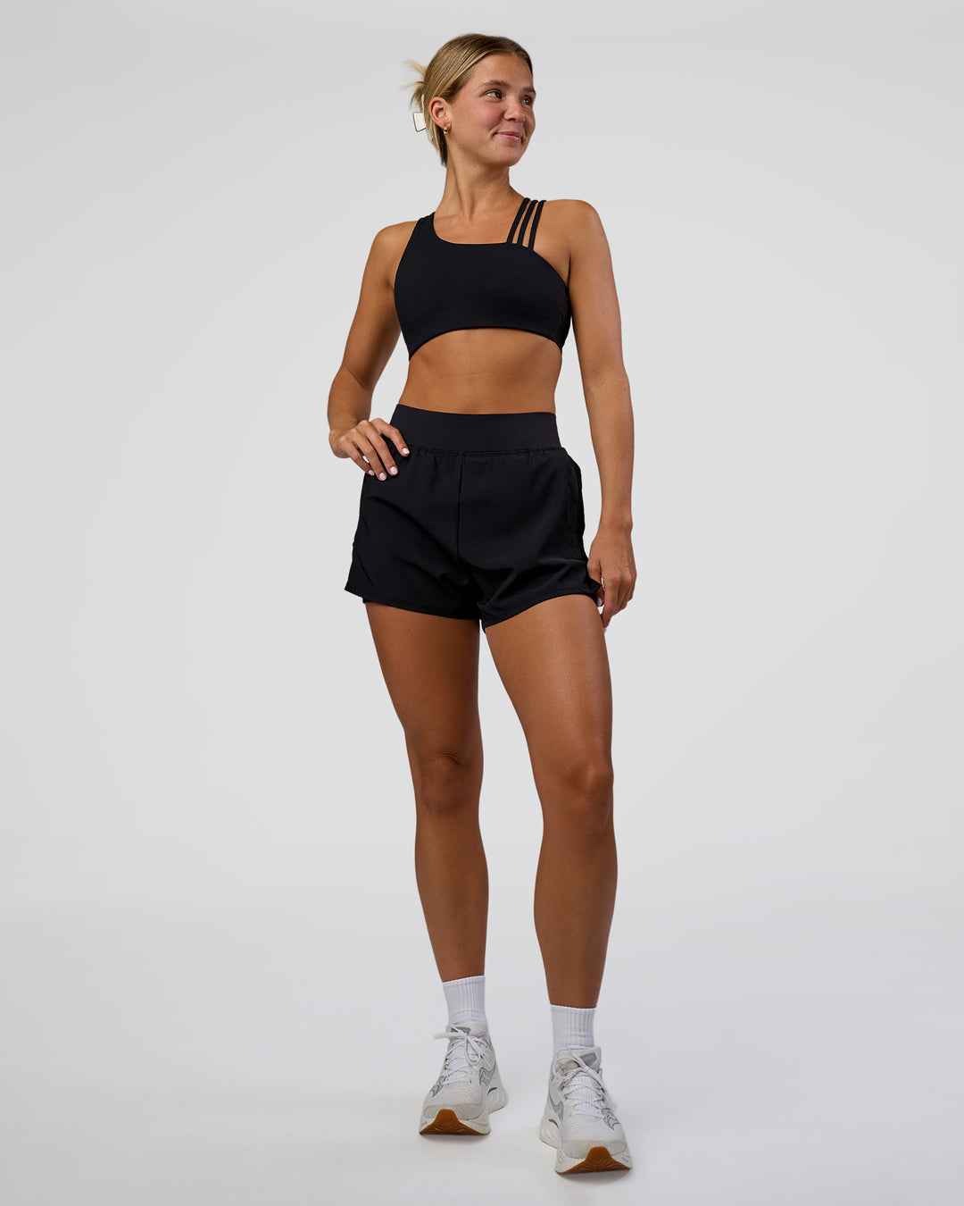 Woman wearing Challenger 3" Lined Performance Short - Black | Model:Amity | Size:S - view 2
