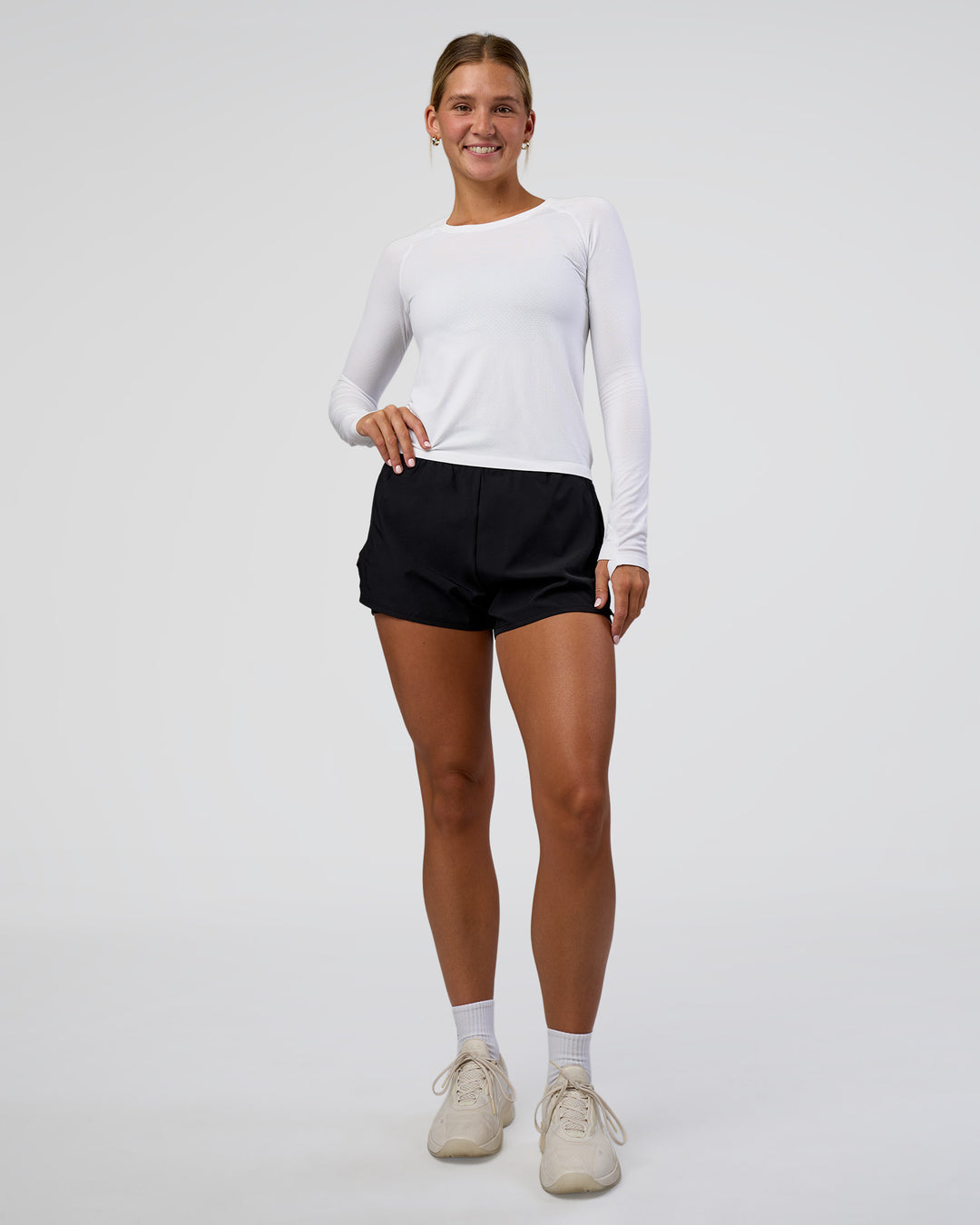 Woman wearing Challenger 3" Lined Performance Short - Black | Model:Amity | Size:S - view 7