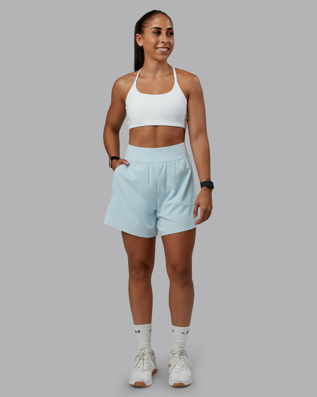 Woman wearing Challenger 5" Lined Performance Short in Skyride | Size:S | Model:Tylah - view 1