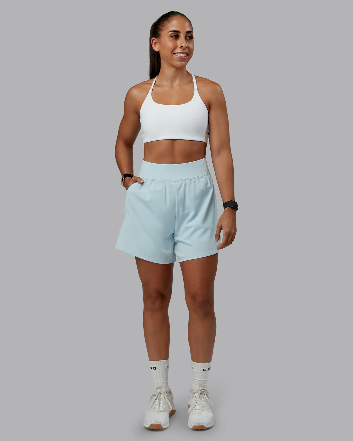 Woman wearing Challenger 5" Lined Performance Short in Skyride | Size:S | Model:Tylah