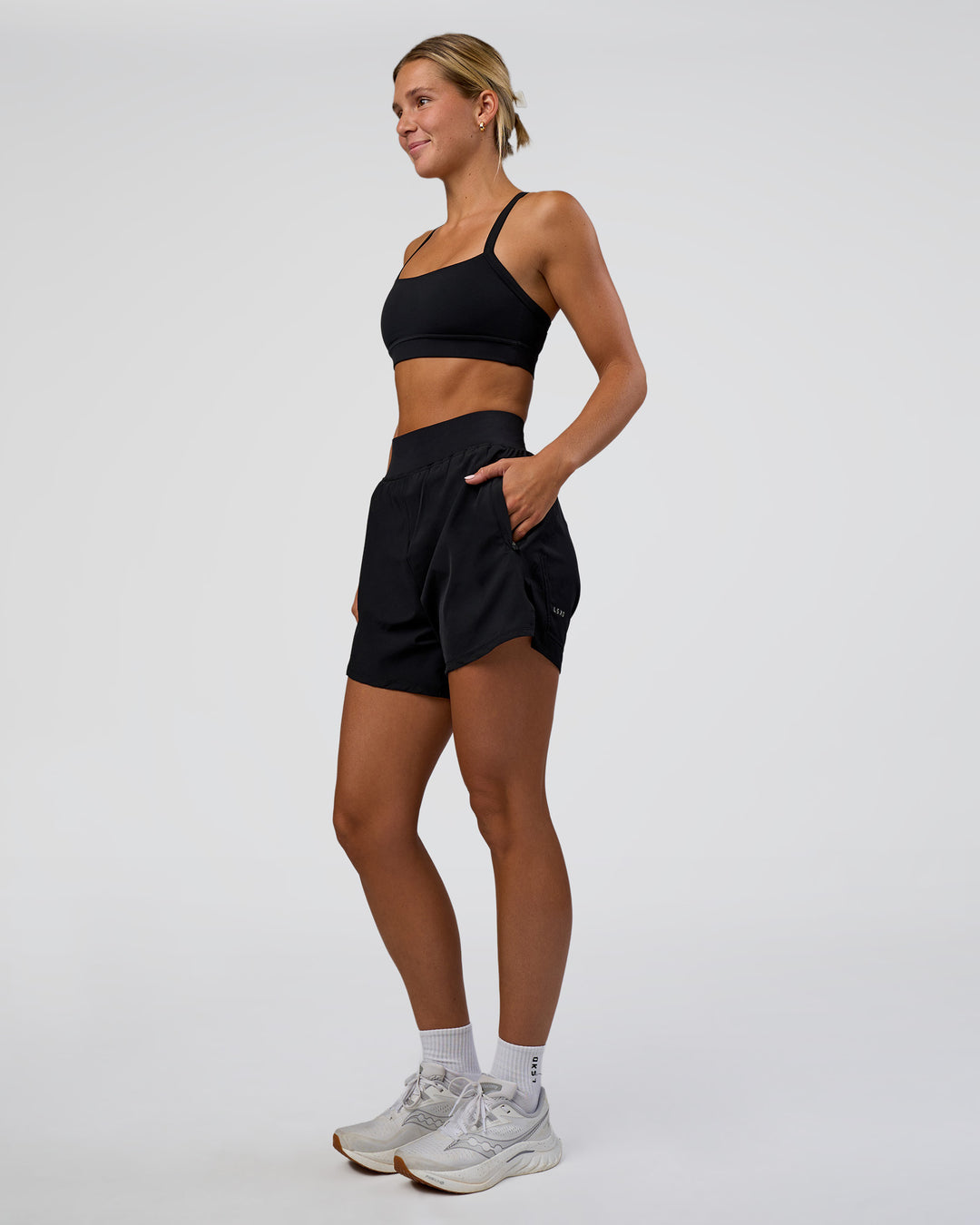 Woman wearing Challenger 5" Lined Performance Short - Black | Model:Amity | Size:S - view 5