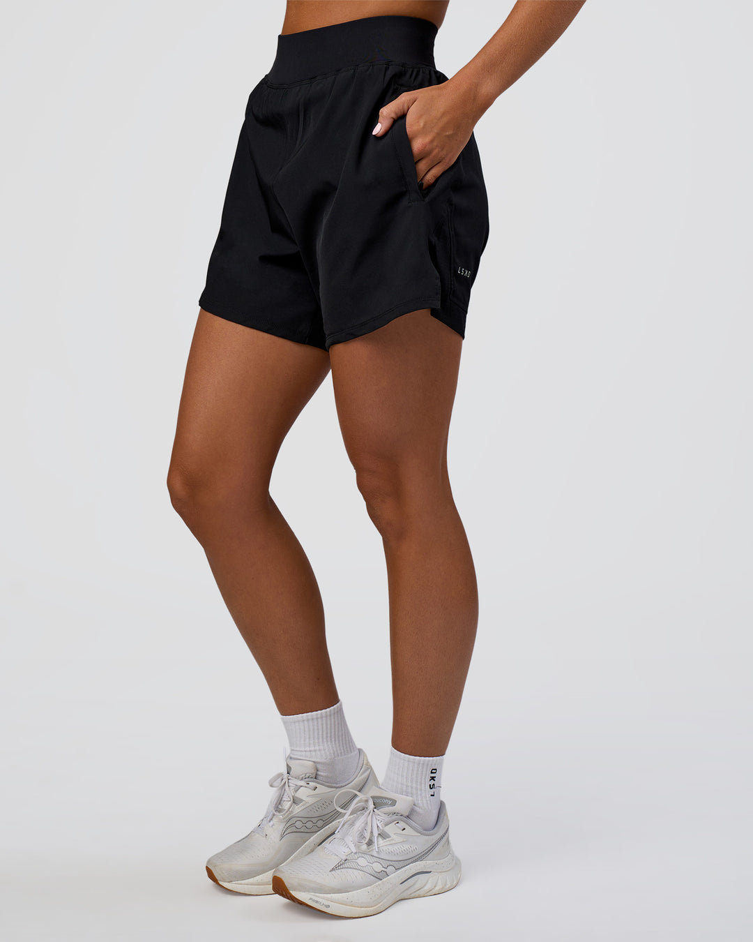 Woman wearing Challenger 5" Lined Performance Short - Black | Model:Amity | Size:S - view 3