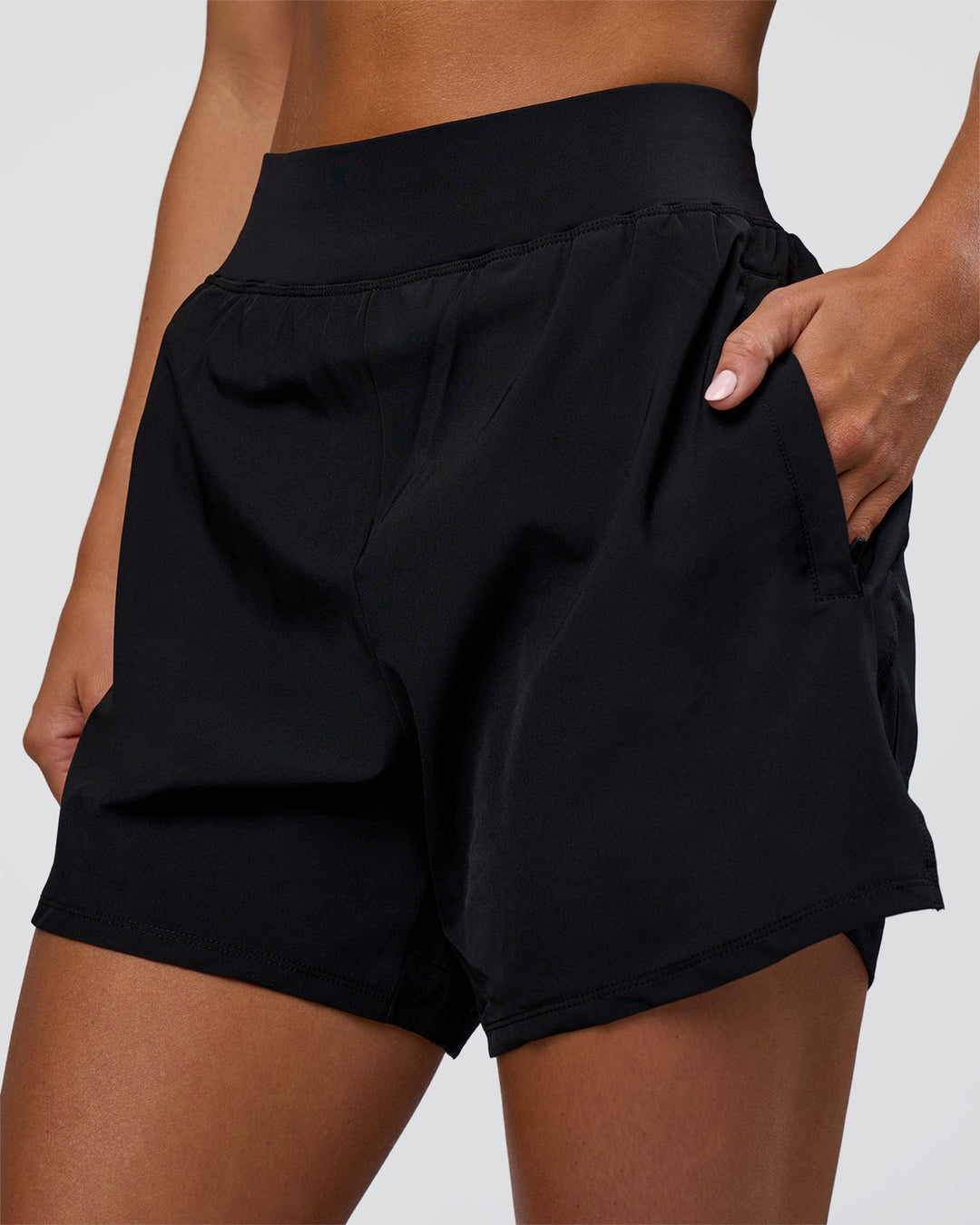 Woman wearing Challenger 5" Lined Performance Short - Black | Model:Amity | Size:S - view 6