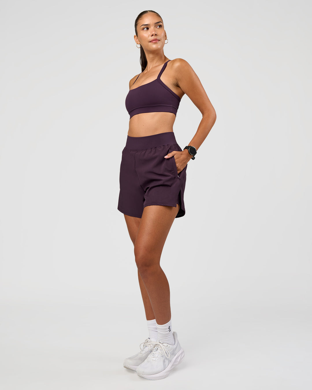 Woman wearing Challenger 5" Lined Performance Short - Midnight Plum | Model:Rhiley | Size:S - view 7