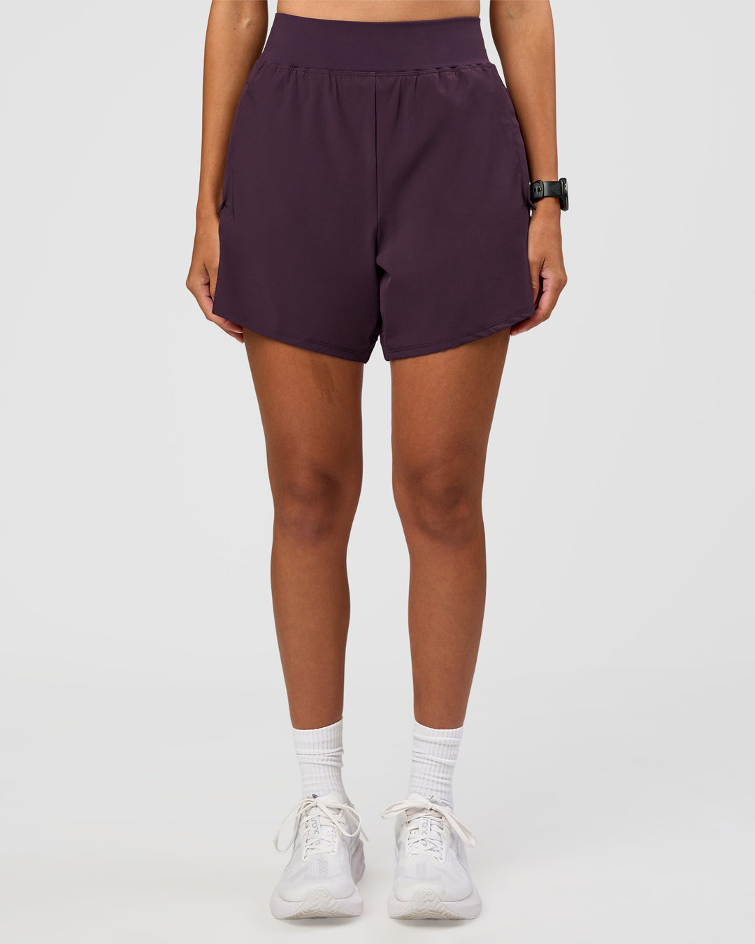Woman wearing Challenger 5" Lined Performance Short - Midnight Plum | Model:Rhiley | Size:S - view 2
