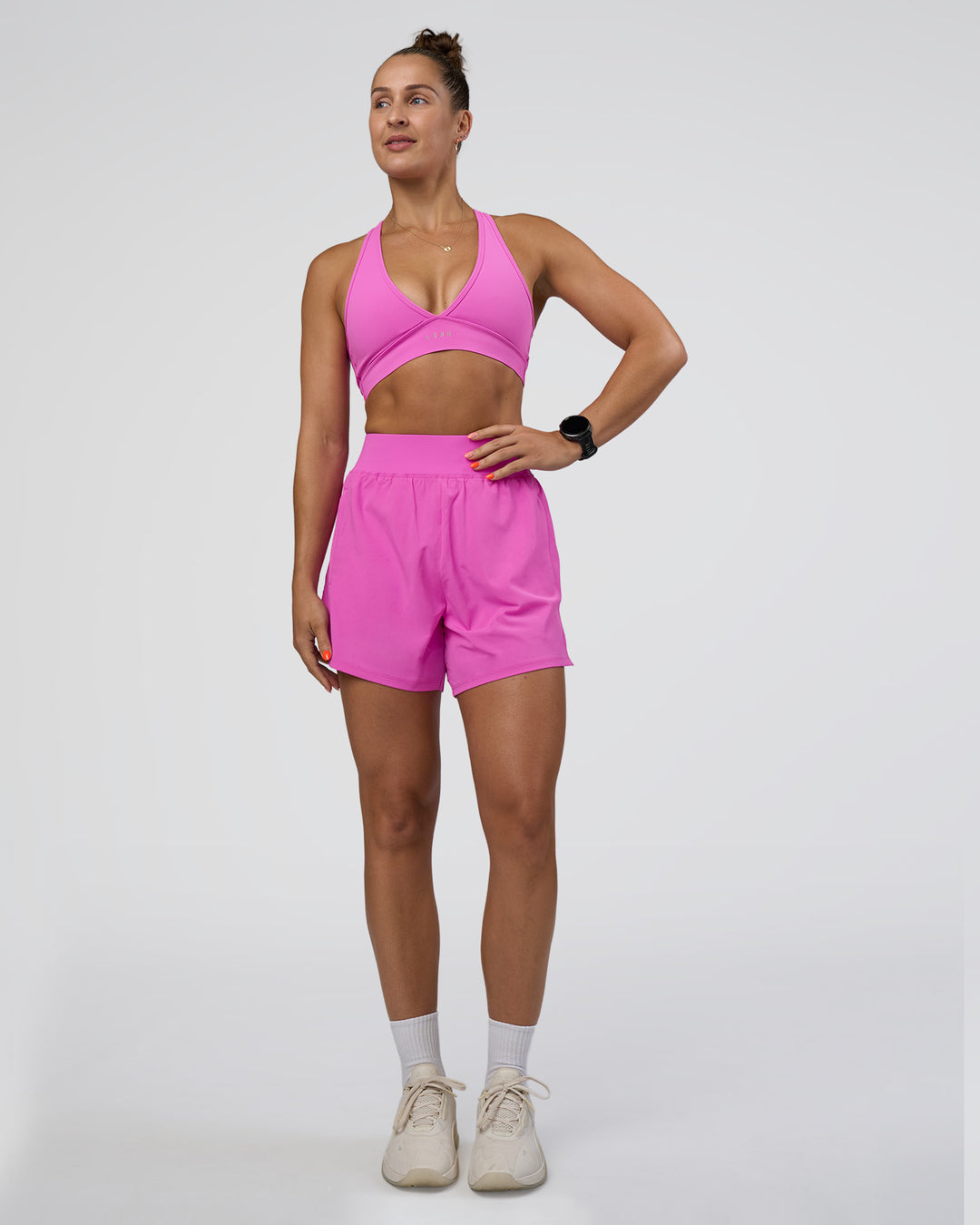 Woman wearing Challenger 5" Lined Performance Short - Ultra Fuchsia | Model:Abbey | Size:S - view 3