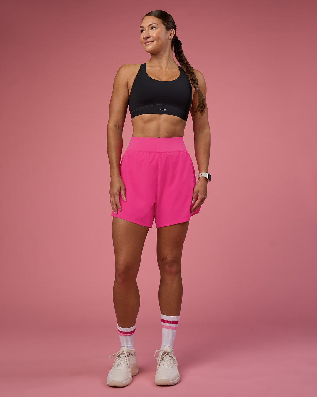 Woman wearing Challenger 5" Lined Performance Short - Ultra Pink | Model:Hannah | Size:S - view 6