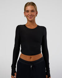 Woman wearing Clarity Long Sleeve Tee - Black | Model:Amity | Size:S | Thumbnail Index: 0