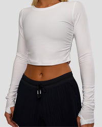 Woman wearing Clarity Long Sleeve Tee - White | Model:Amity | Size:S | Thumbnail Index: 7