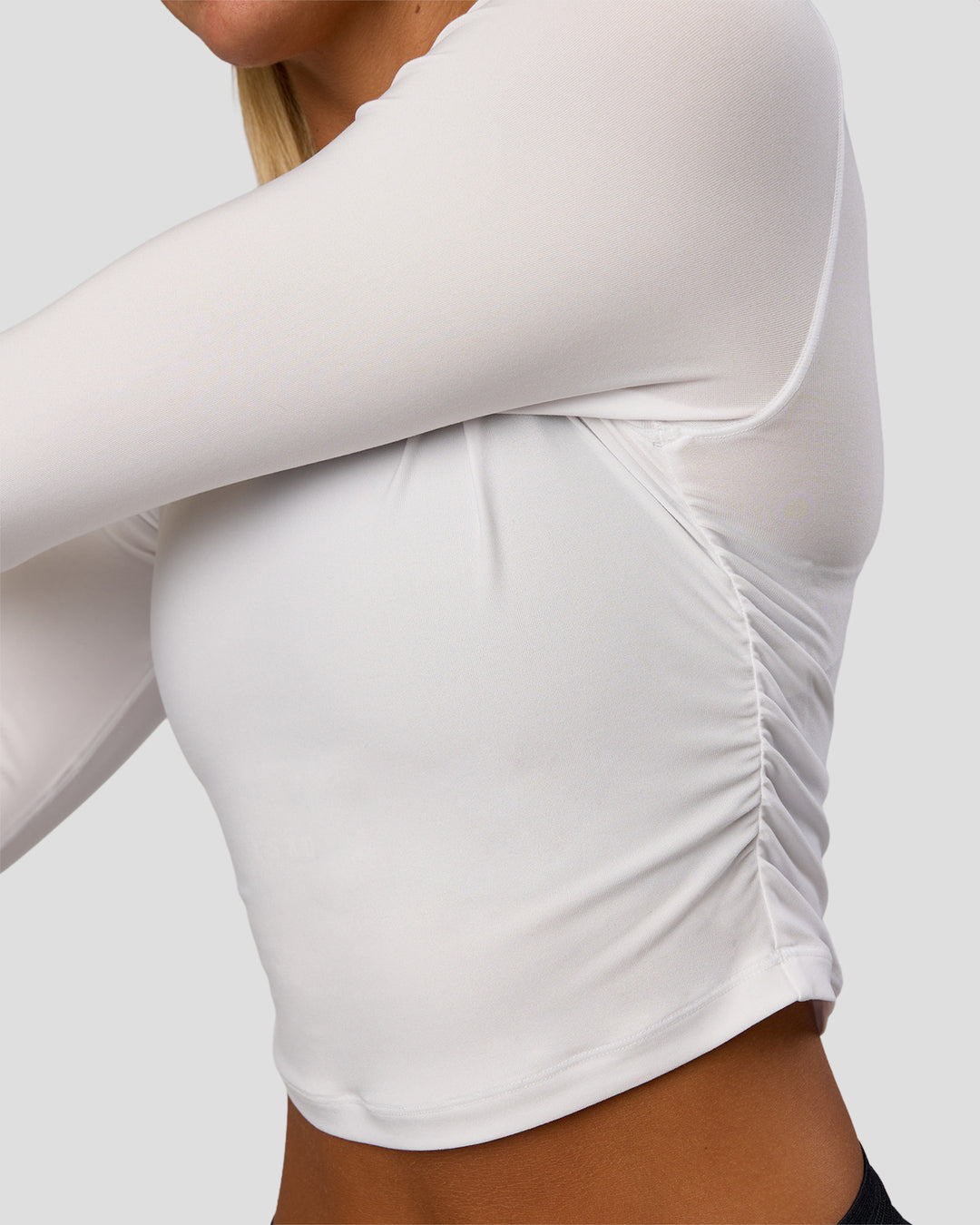 Woman wearing Clarity Long Sleeve Tee - White | Model:Amity | Size:S - view 6
