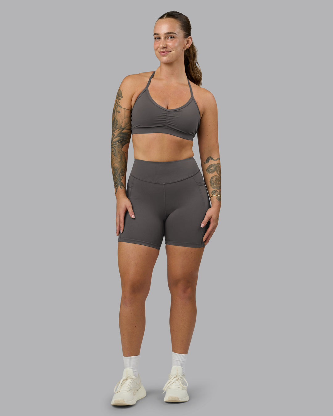 Woman wearing Clarity Sports Bra - Dark Storm | Model:Robyn | Size:S - view 6