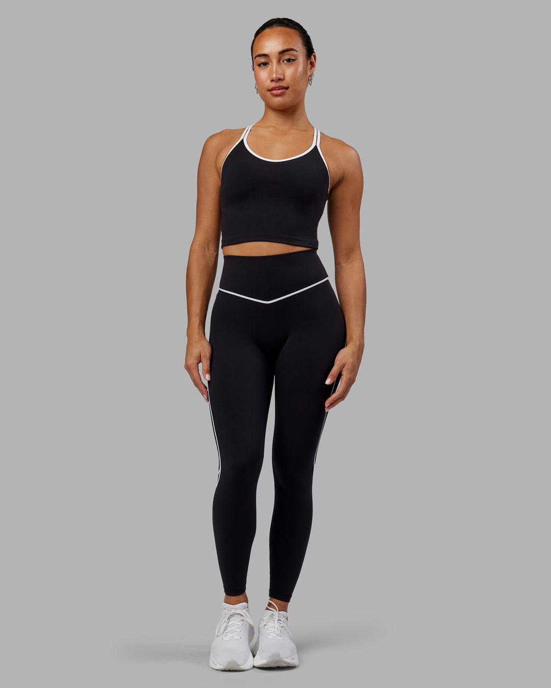 Woman wearing Contrast Active Shelf Bra Tank - Black-White - view 5