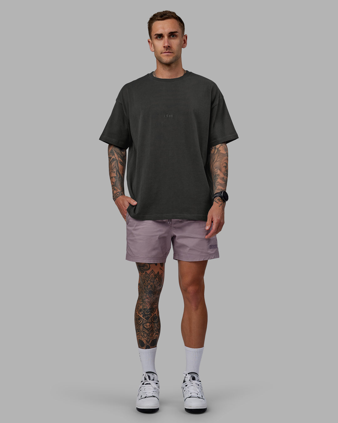 Man wearing Daily 5" Shorts - Grey Purple - view 6