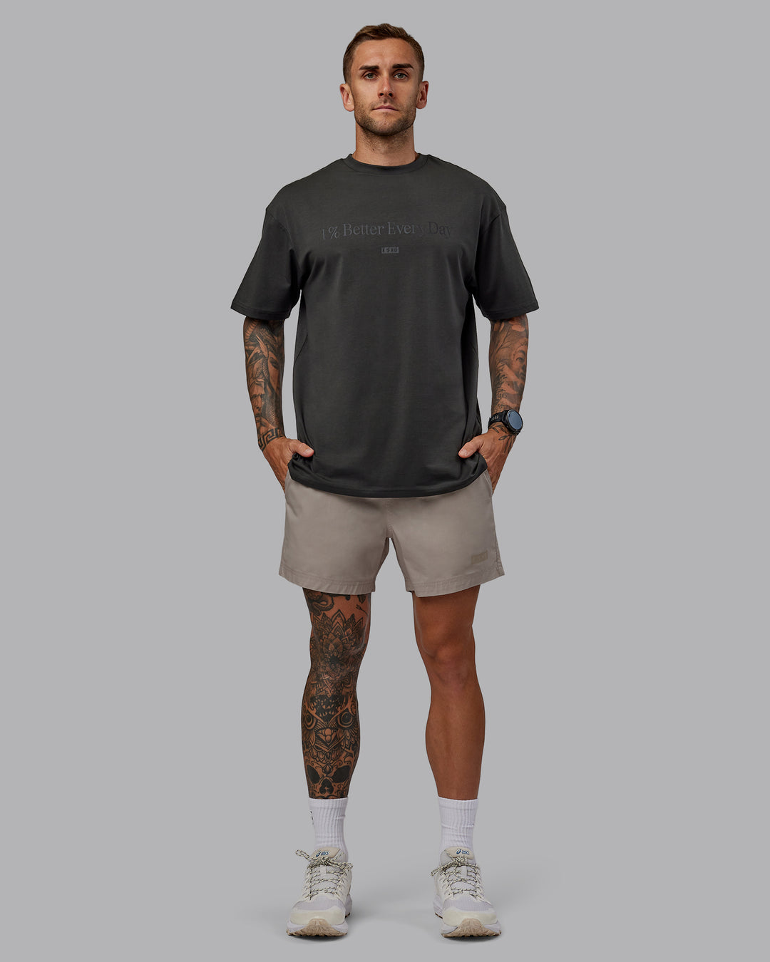 Man wearing Daily 5" Shorts - Shale Beige - view 5