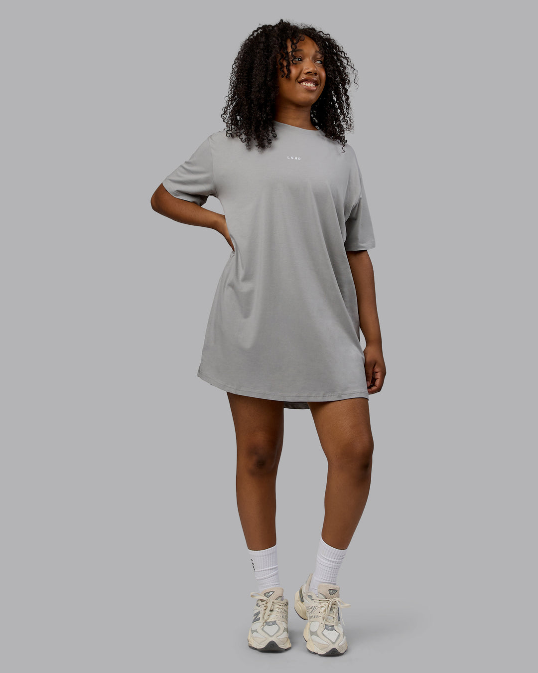 Woman wearing Daily FLXCotton Oversized Dress - Circular Grey - view 1
