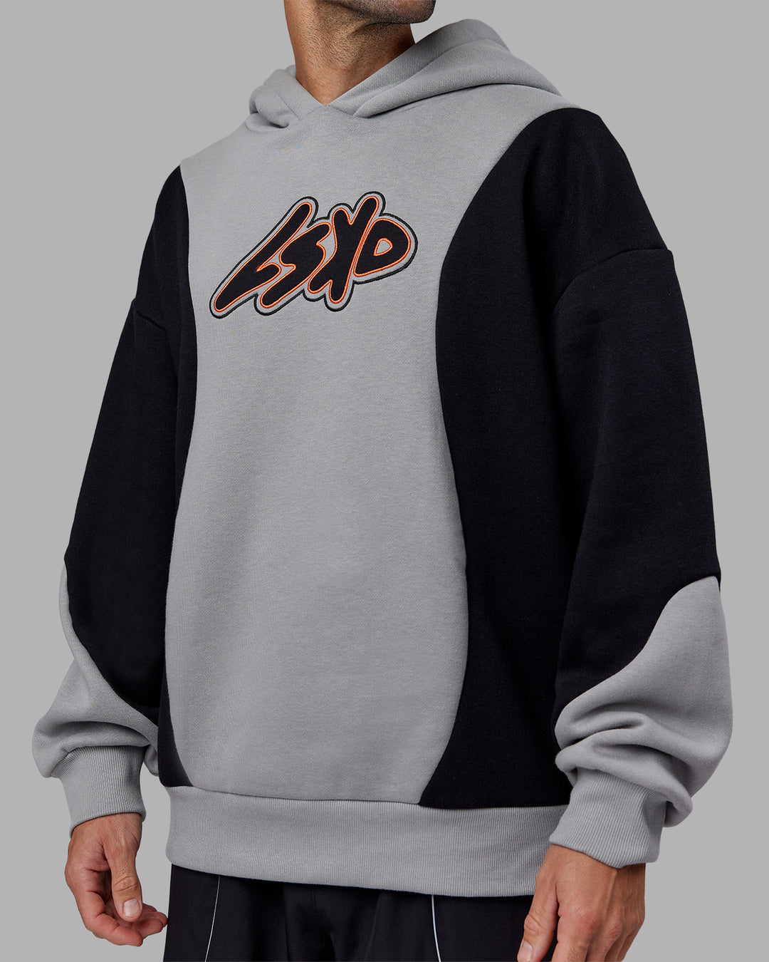 Man wearing Downtown Oversized Panel Hoodie - Circular Grey - Black | Model:Tommy | Size:S - view 9