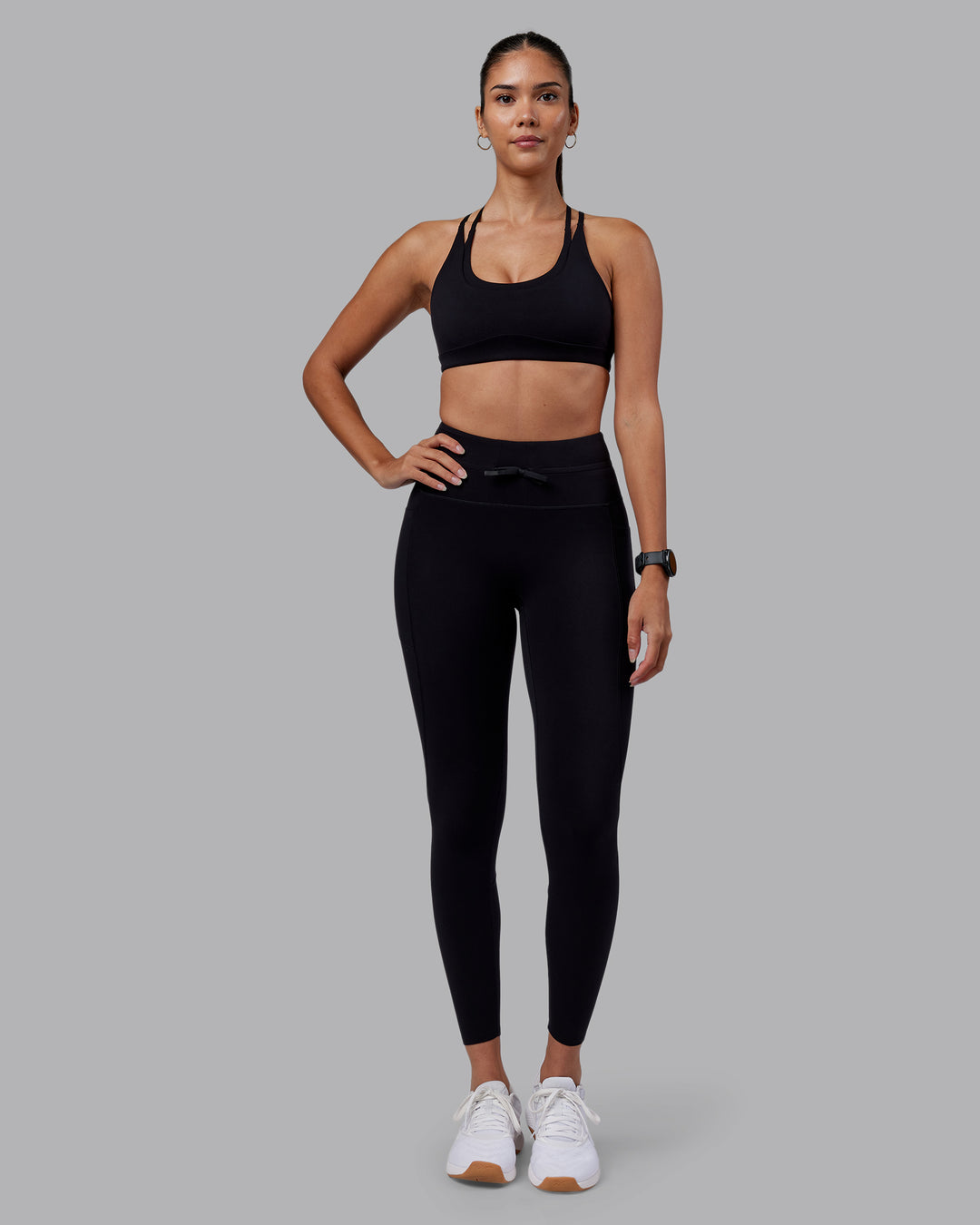 Woman wearing Effortless Drawstring Ultra High-Rise Full Length Legging Pockets - Black | Model:Rhiley | Size:S - view 4