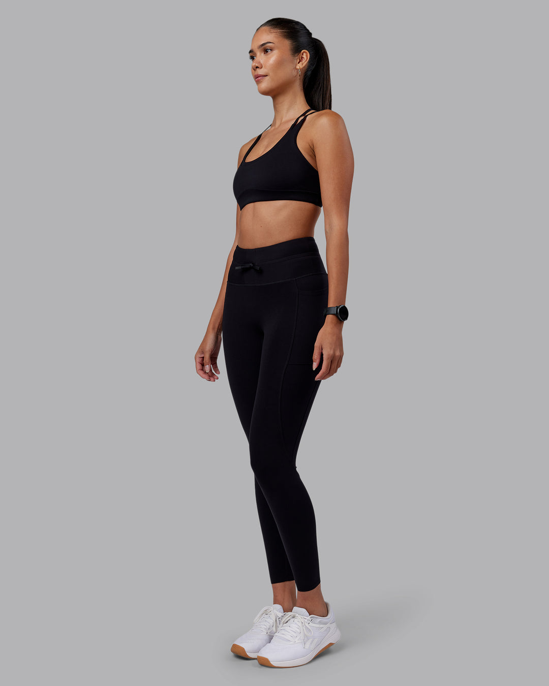 Woman wearing Effortless Drawstring Ultra High-Rise Full Length Legging Pockets - Black | Model:Rhiley | Size:S - view 6