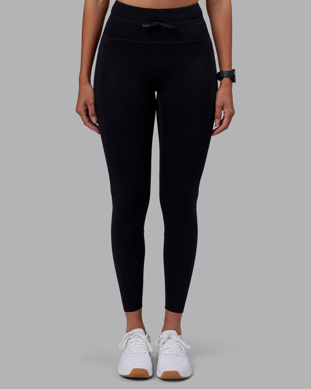 Woman wearing Effortless Drawstring Ultra High-Rise Full Length Legging Pockets - Black | Model:Rhiley | Size:S - view 1