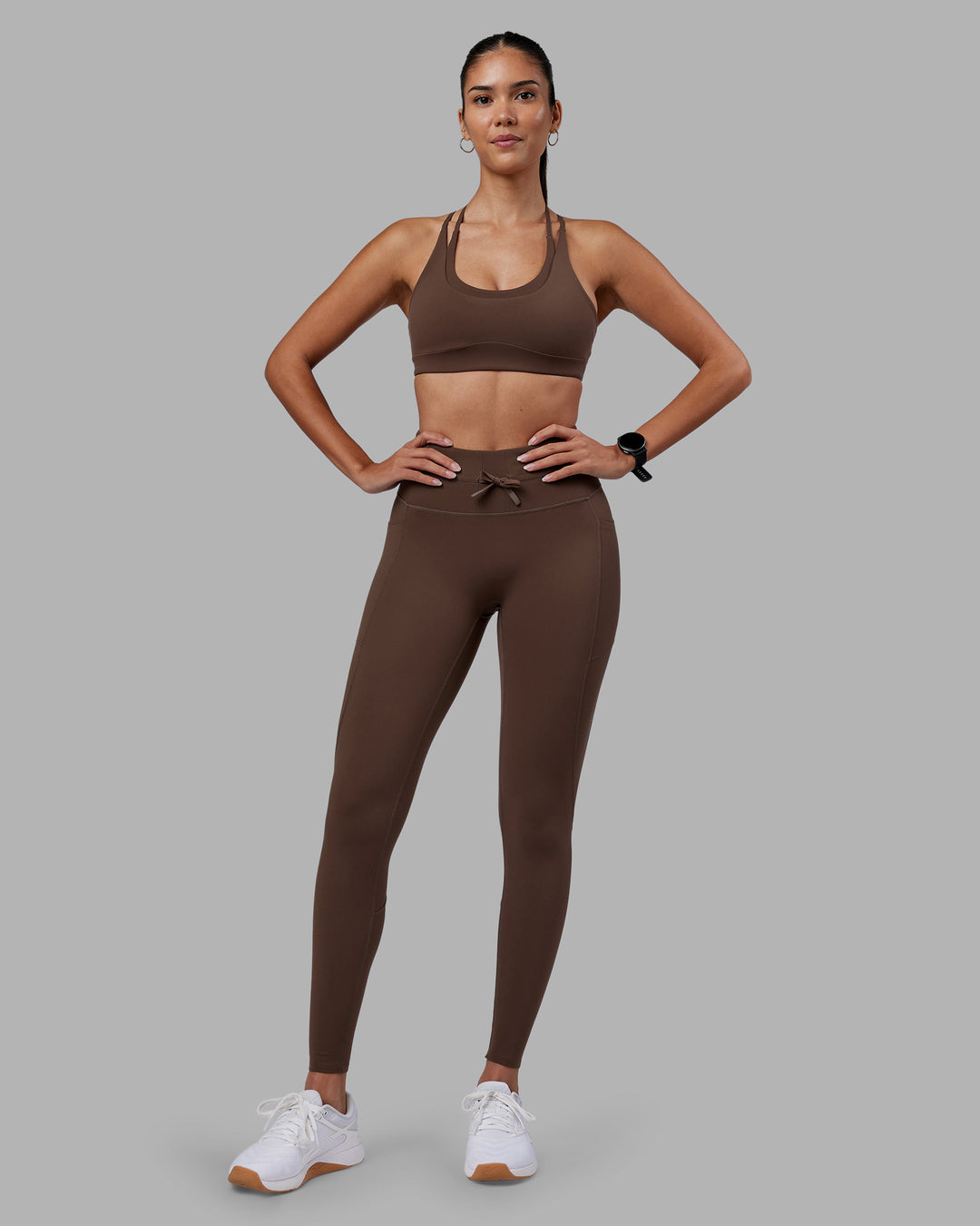 Woman wearing Effortless Drawstring Ultra High-Rise Full Length Legging Pockets - Chocolate Martini | Model:Rhiley | Size:S - view 7