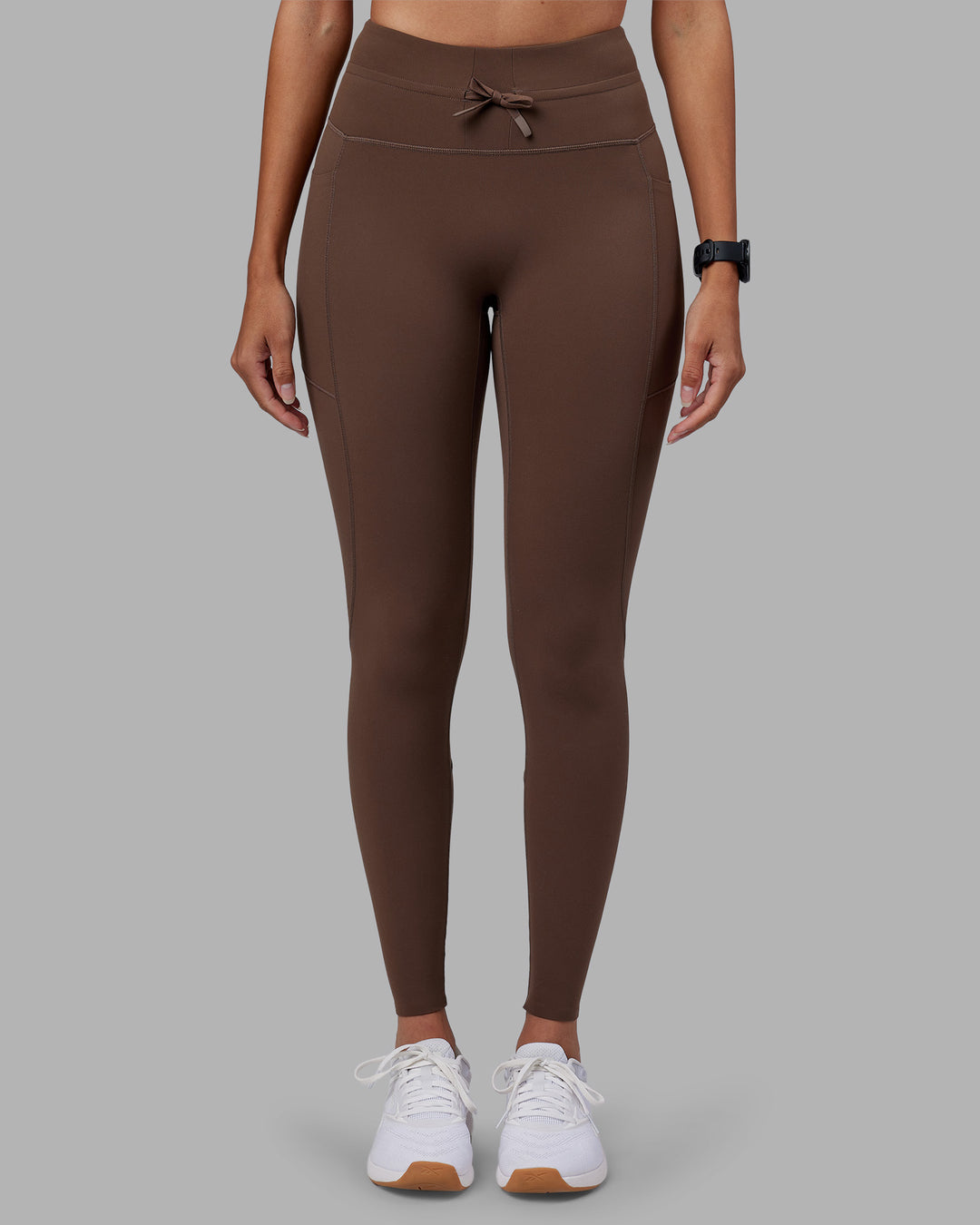 Woman wearing Effortless Drawstring Ultra High-Rise Full Length Legging Pockets - Chocolate Martini | Model:Rhiley | Size:S - view 2