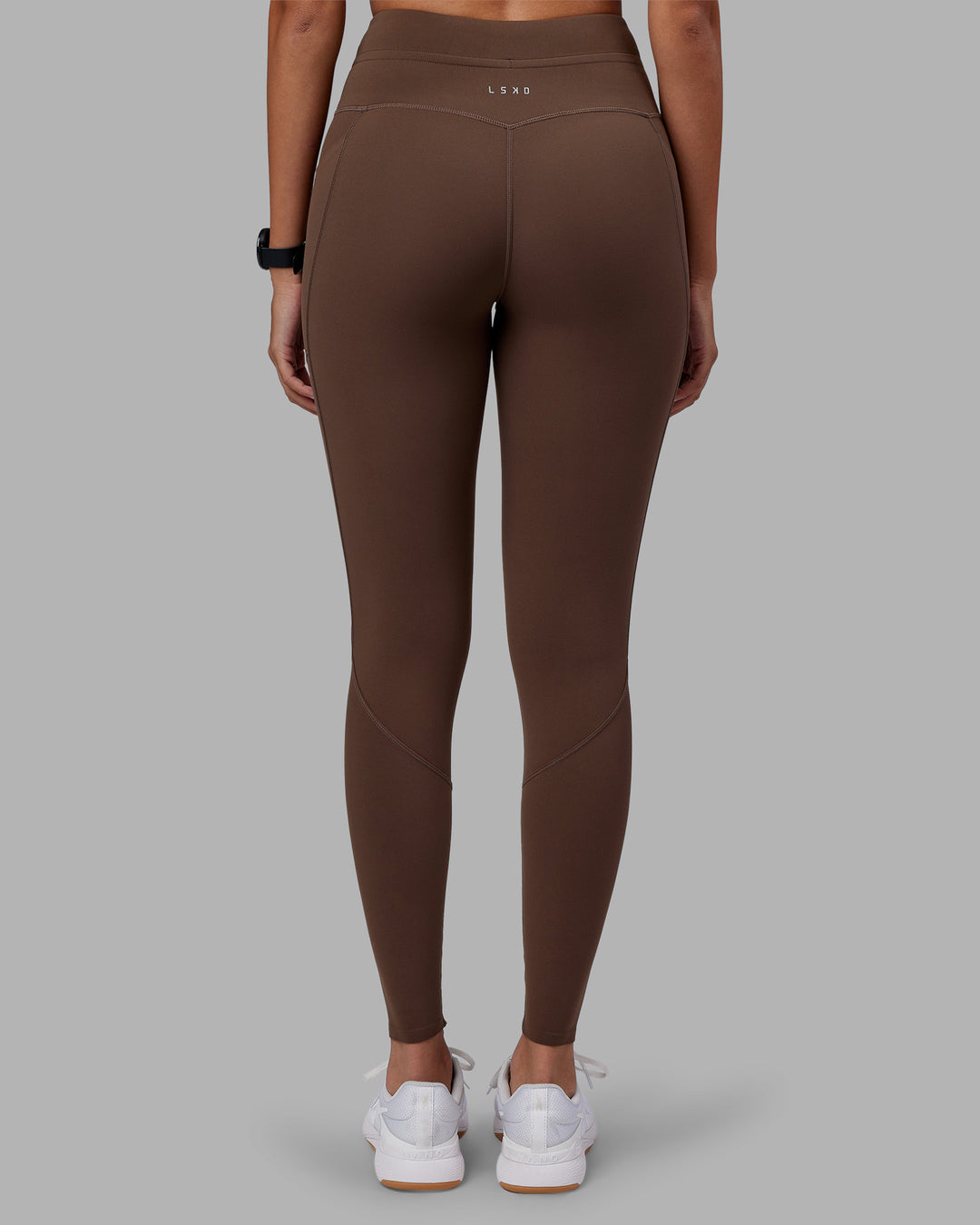 Woman wearing Effortless Drawstring Ultra High-Rise Full Length Legging Pockets - Chocolate Martini | Model:Rhiley | Size:S - view 4