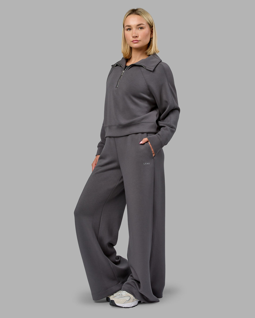 Woman wearing Elevate SoftTouch 1/2 Zip Sweater - Asphalt | Model:Halle | Size:S - view 7