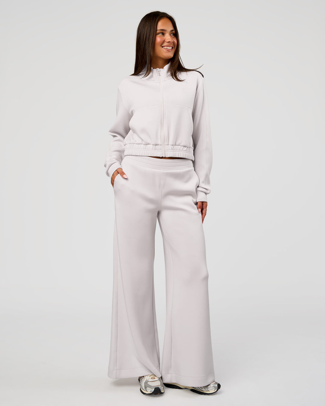 Woman wearing Elevate SoftTouch Cropped Full Zip Jacket - Clay | Model:Bianca | Size:S - view 2