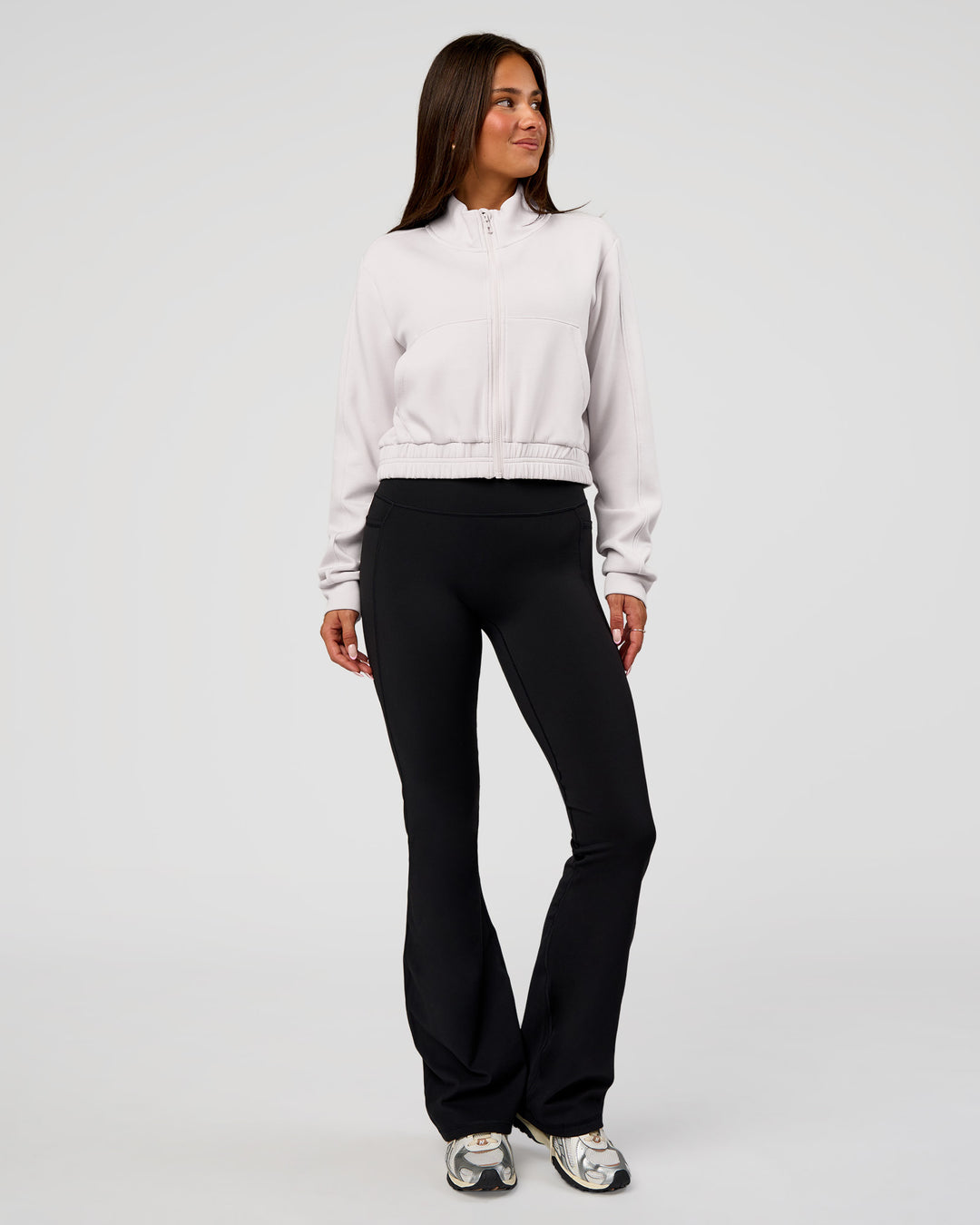 Woman wearing Elevate SoftTouch Cropped Full Zip Jacket - Clay | Model:Bianca | Size:S - view 6