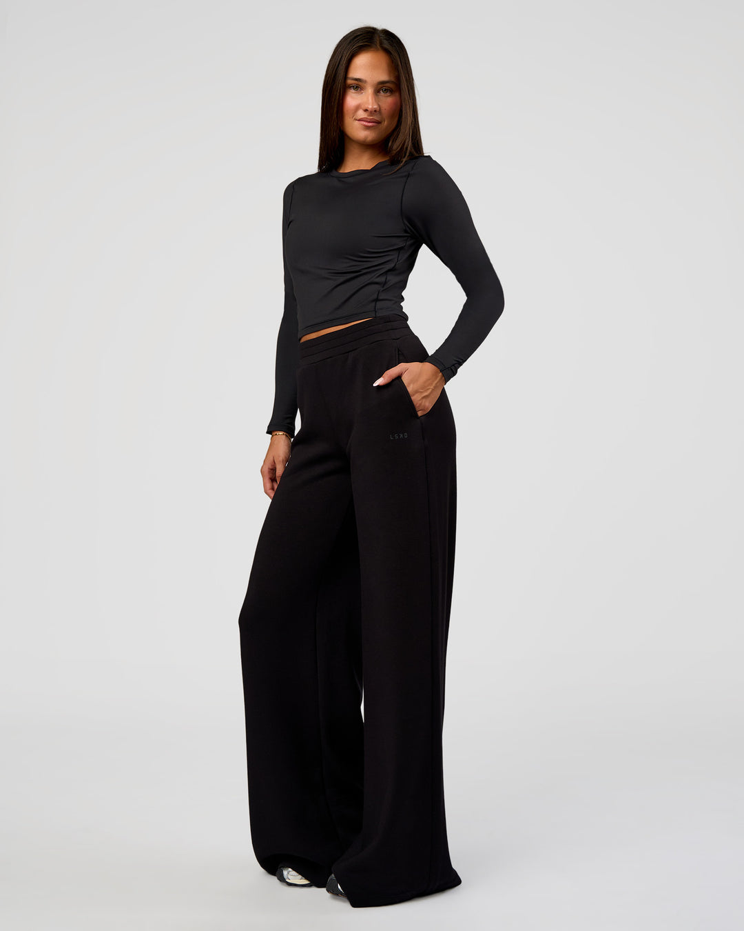 Woman wearing Elevate SoftTouch Wide Leg Pant Tall - Black | Model:Bianca | Size:S - view 6