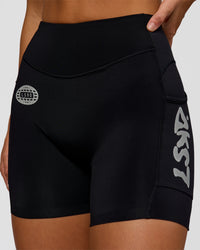Woman wearing Elite Hype Reflective Run High-Rise 5" Short Pockets - Black-Hype Reflective | Model:Amity | Size:S | Thumbnail Index: 9