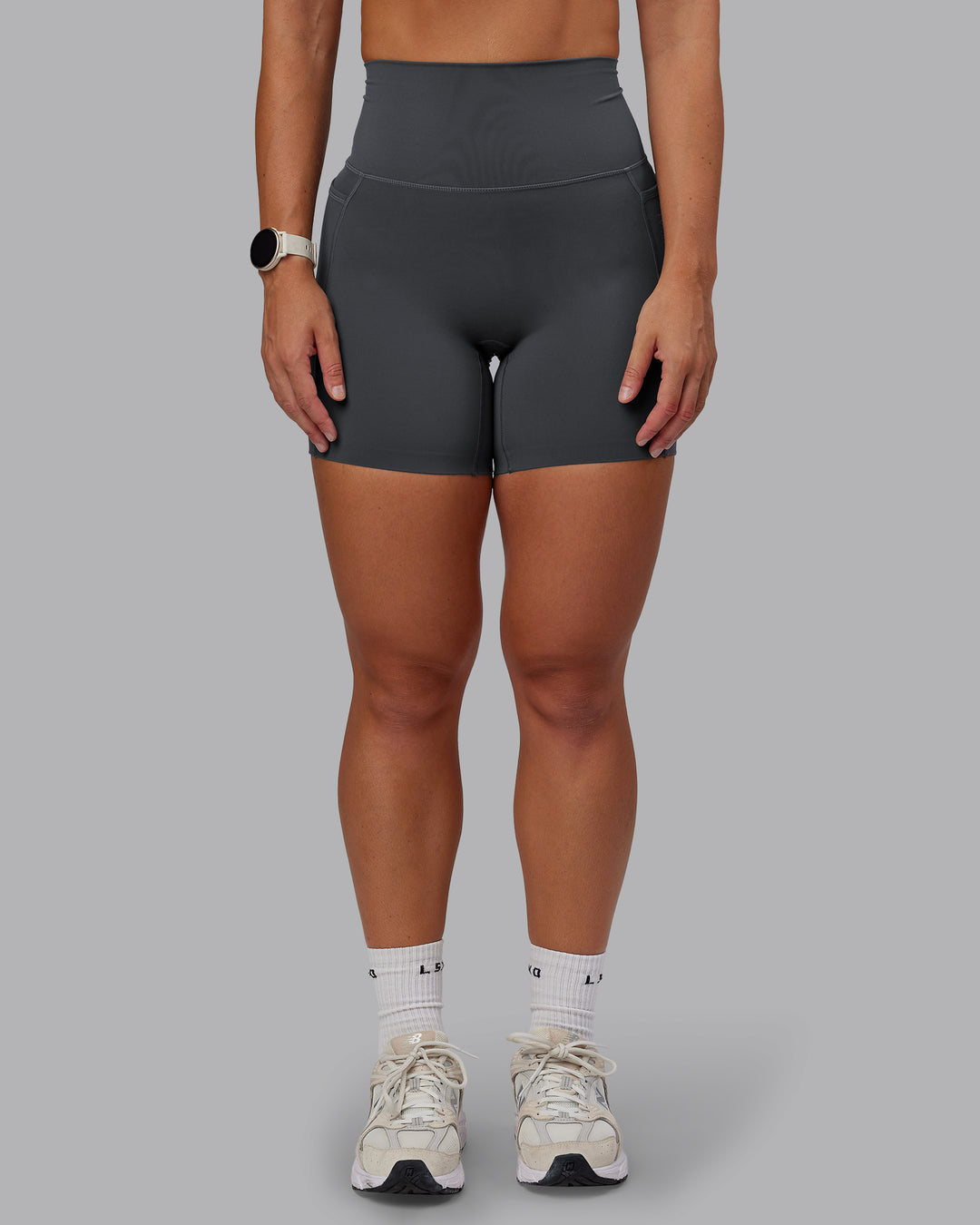 Woman wearing Elixir Ultra High-Rise 6" Short Pockets - Dark Storm | Size:S - view 3