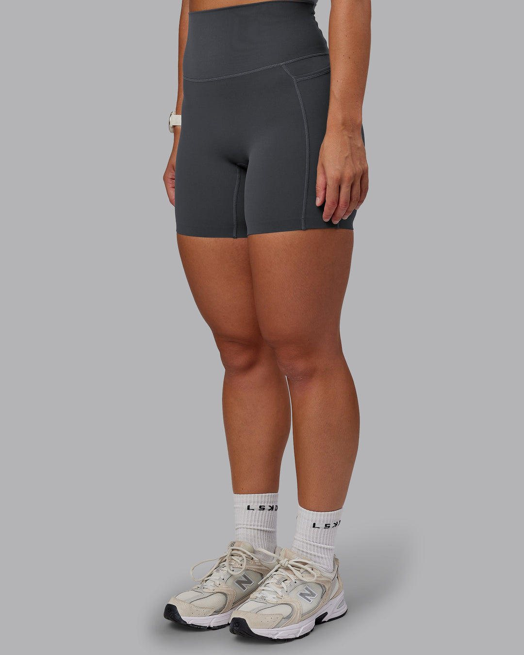 Woman wearing Elixir Ultra High-Rise 6" Short Pockets - Dark Storm | Size:S - view 7