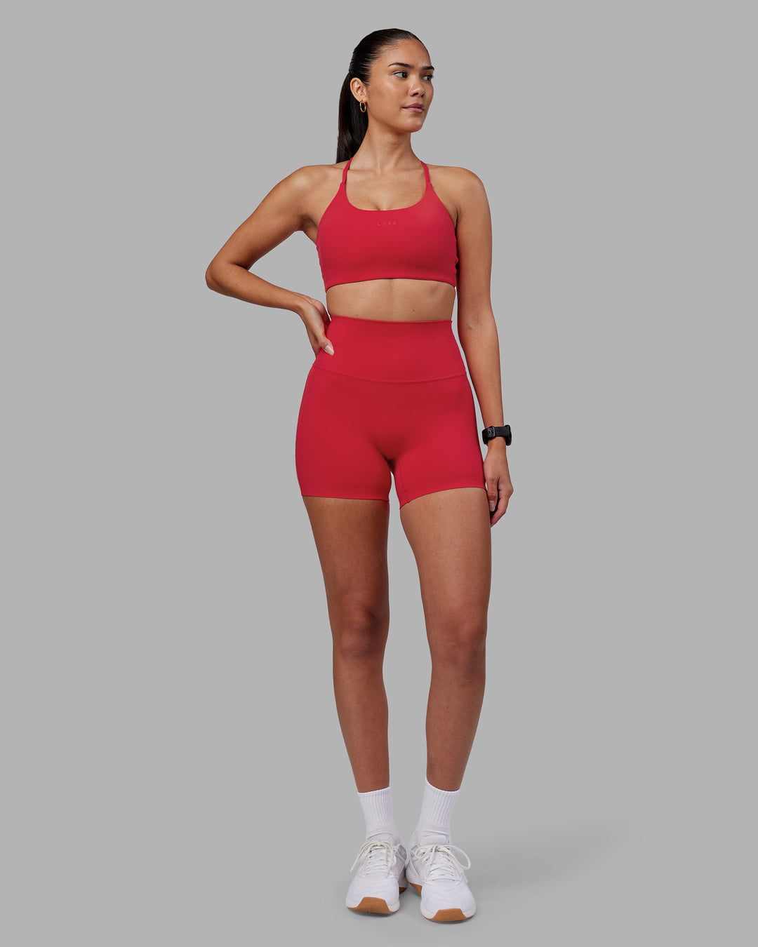 Woman wearing Elixir Ultra High-Rise 4" Short - Scarlet | Model:Rhiley | Size:S - view 5