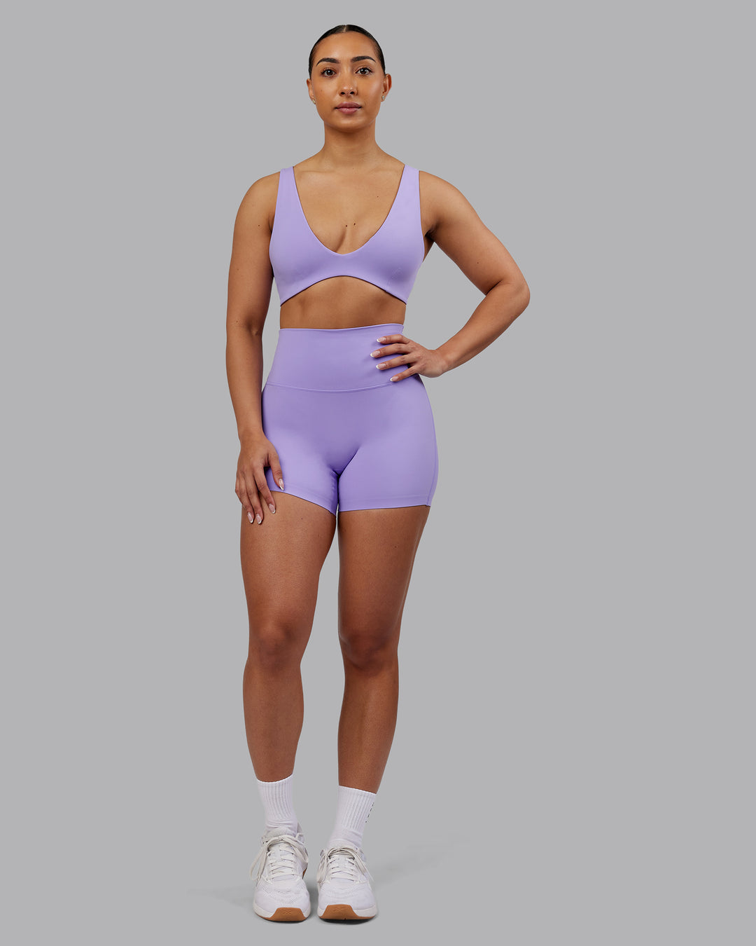 Woman wearing Elixir Ultra High-Rise 4" Short - Violet Ray | Model:Ayla | Size:S - view 8