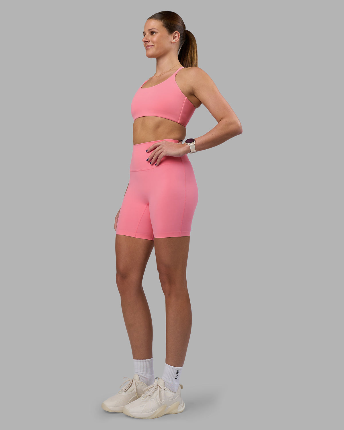 Woman wearing Elixir Ultra High-Rise 6" Short - Candy Pink | Model:Phoebe | Size:S