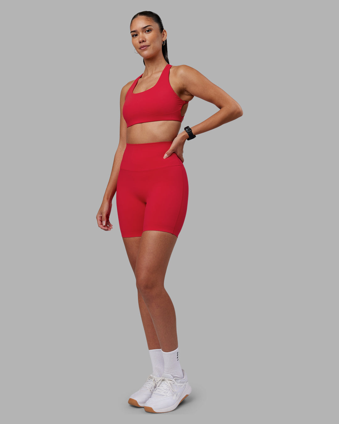 Woman wearing Elixir Ultra High-Rise 6" Short - Scarlet | Model:Rhiley | Size:S - view 5