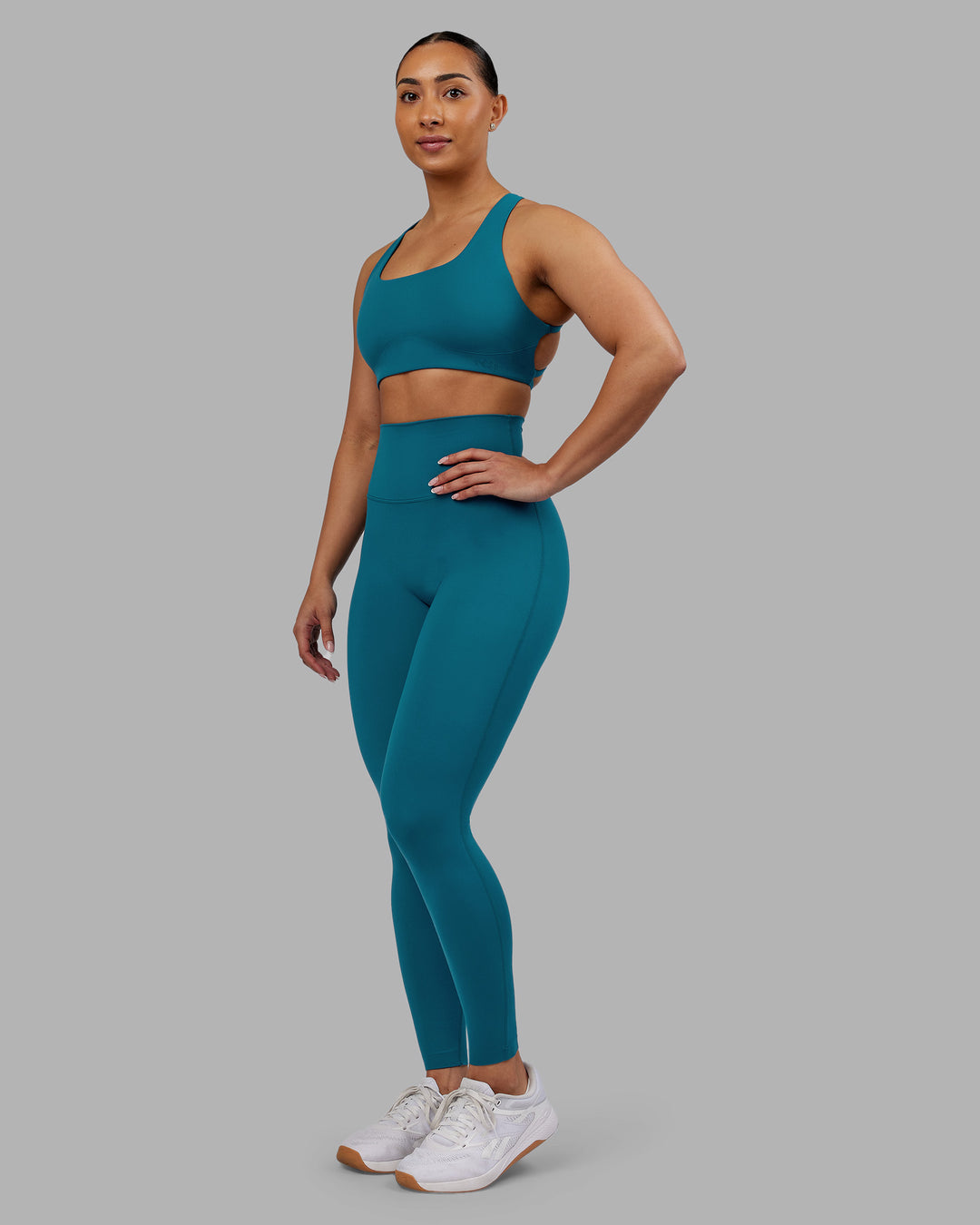 Woman wearing Elixir Ultra High-Rise Full Length Legging - Blue Coral | Model:Ayla | Size:S - view 2