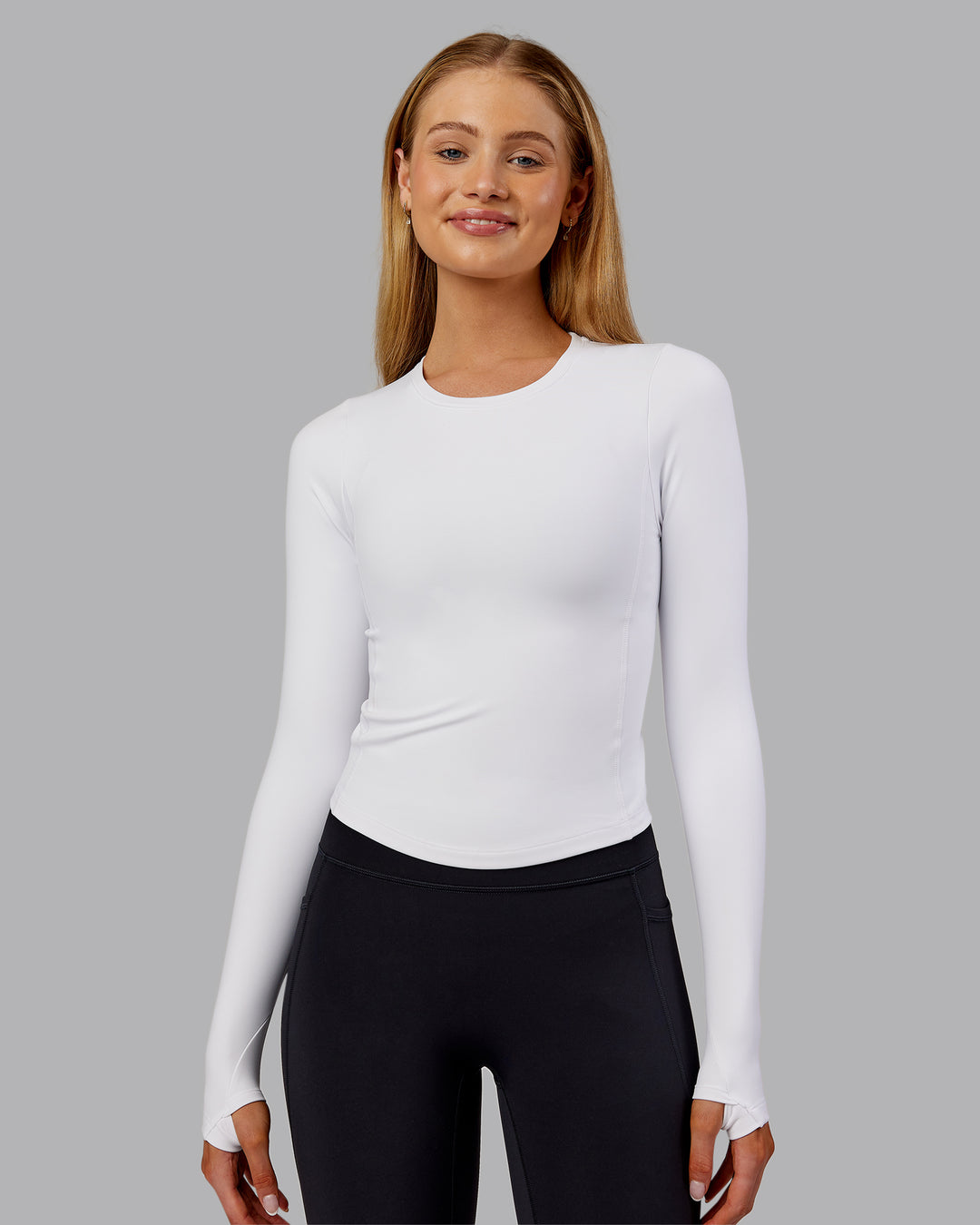 Woman wearing Embrace Thermal Long Sleeve Tee - White | Model:Ella | Size:S - view 4