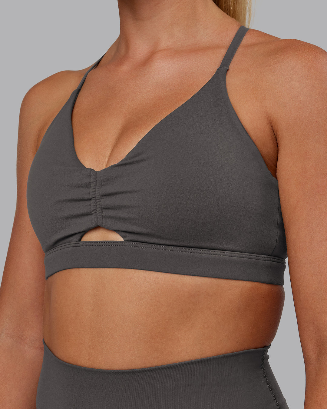 Woman wearing Essence Sports Bra - Dark Storm | Model:Hannah | Size:S - view 6