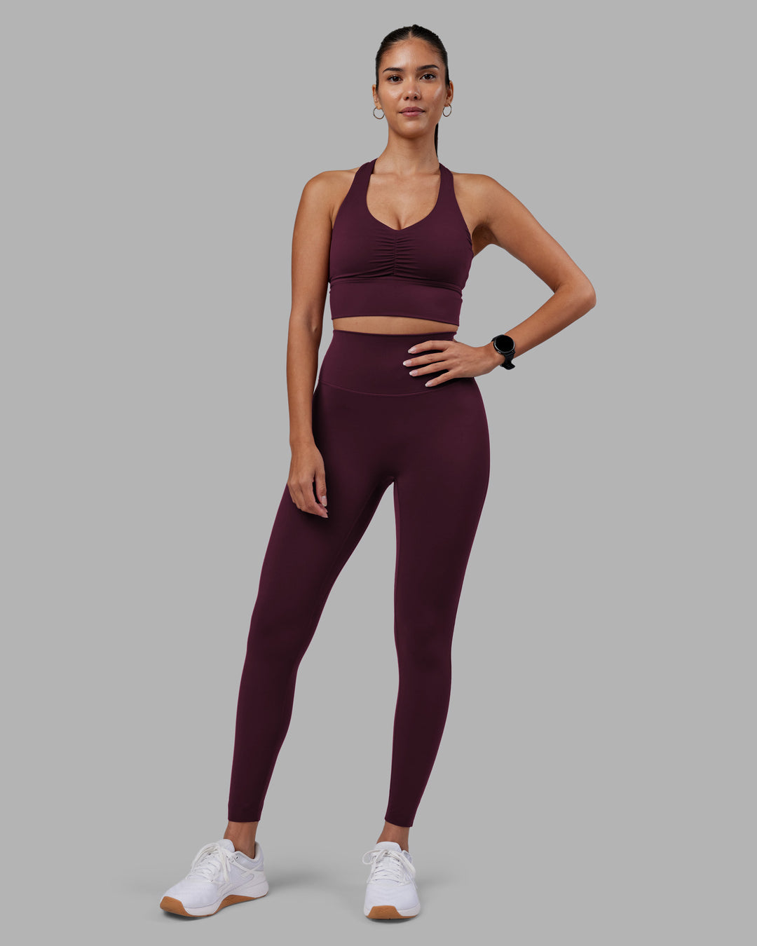 Woman wearing Evoke Longline Sports Bra - Cherry Lacquer | Model:Rhiley | Size:S - view 7