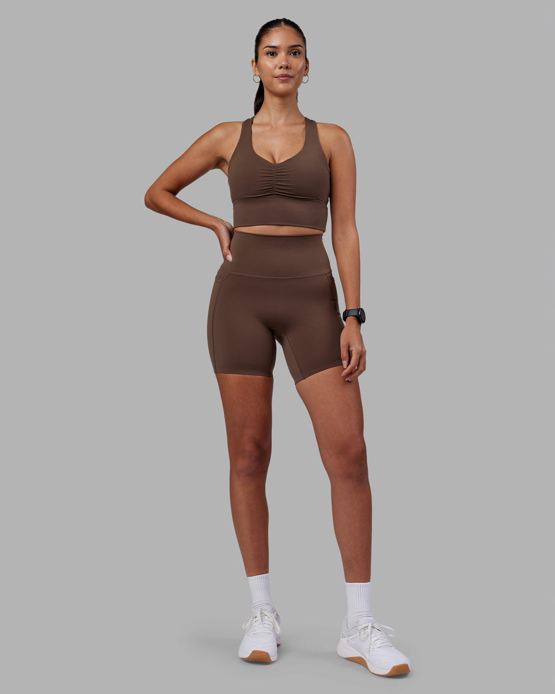 Woman wearing Evoke Longline Sports Bra - Chocolate Martini | Model:Rhiley | Size:S - view 5