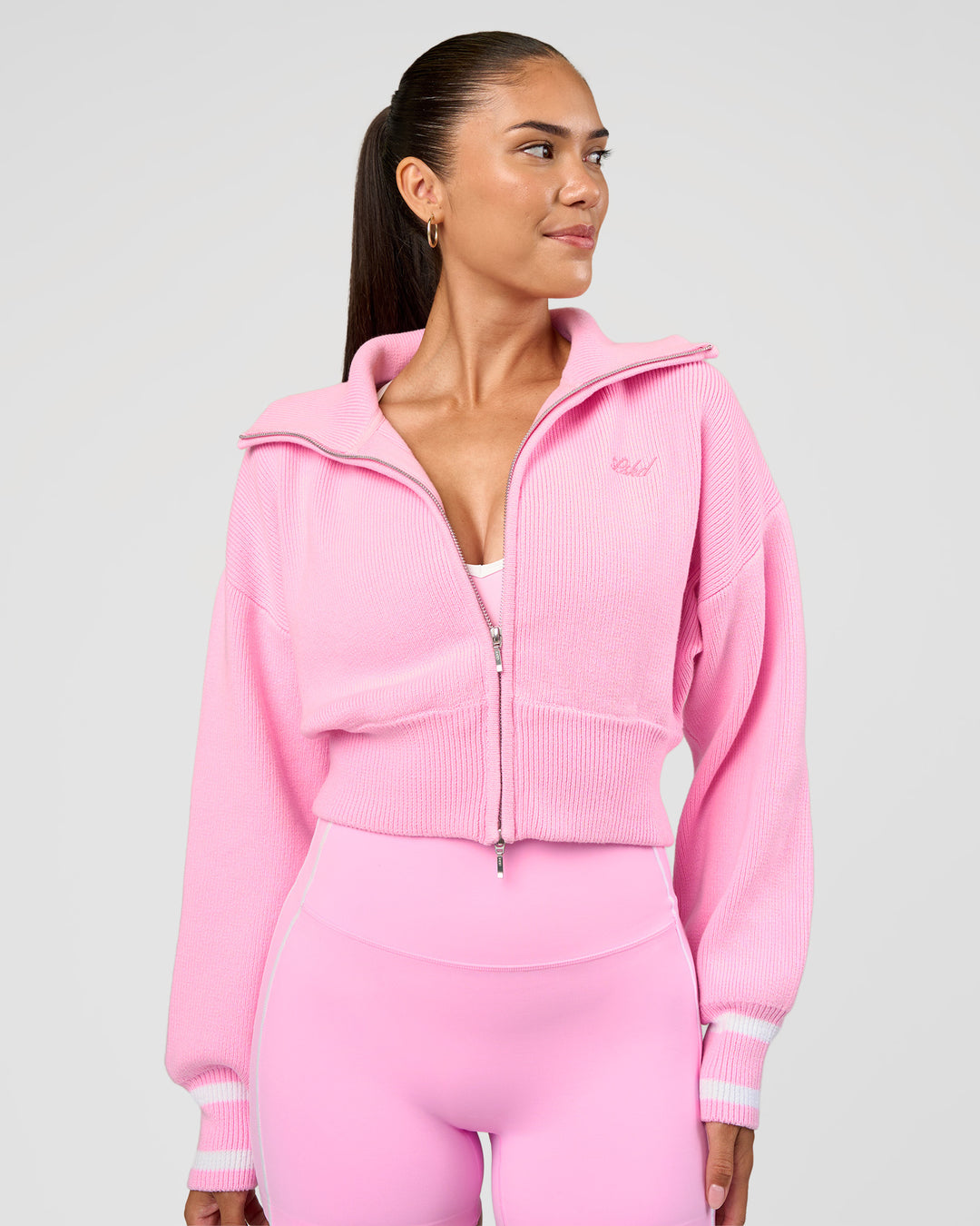 Woman wearing Fierce Knitted Cardigan - Pink Rose-White | Model:Rhiley | Size:S - view 10