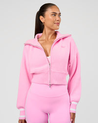 Woman wearing Fierce Knitted Cardigan - Pink Rose-White | Model:Rhiley | Size:S | Thumbnail Index: 9