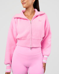 Woman wearing Fierce Knitted Cardigan - Pink Rose-White | Model:Rhiley | Size:S | Thumbnail Index: 1